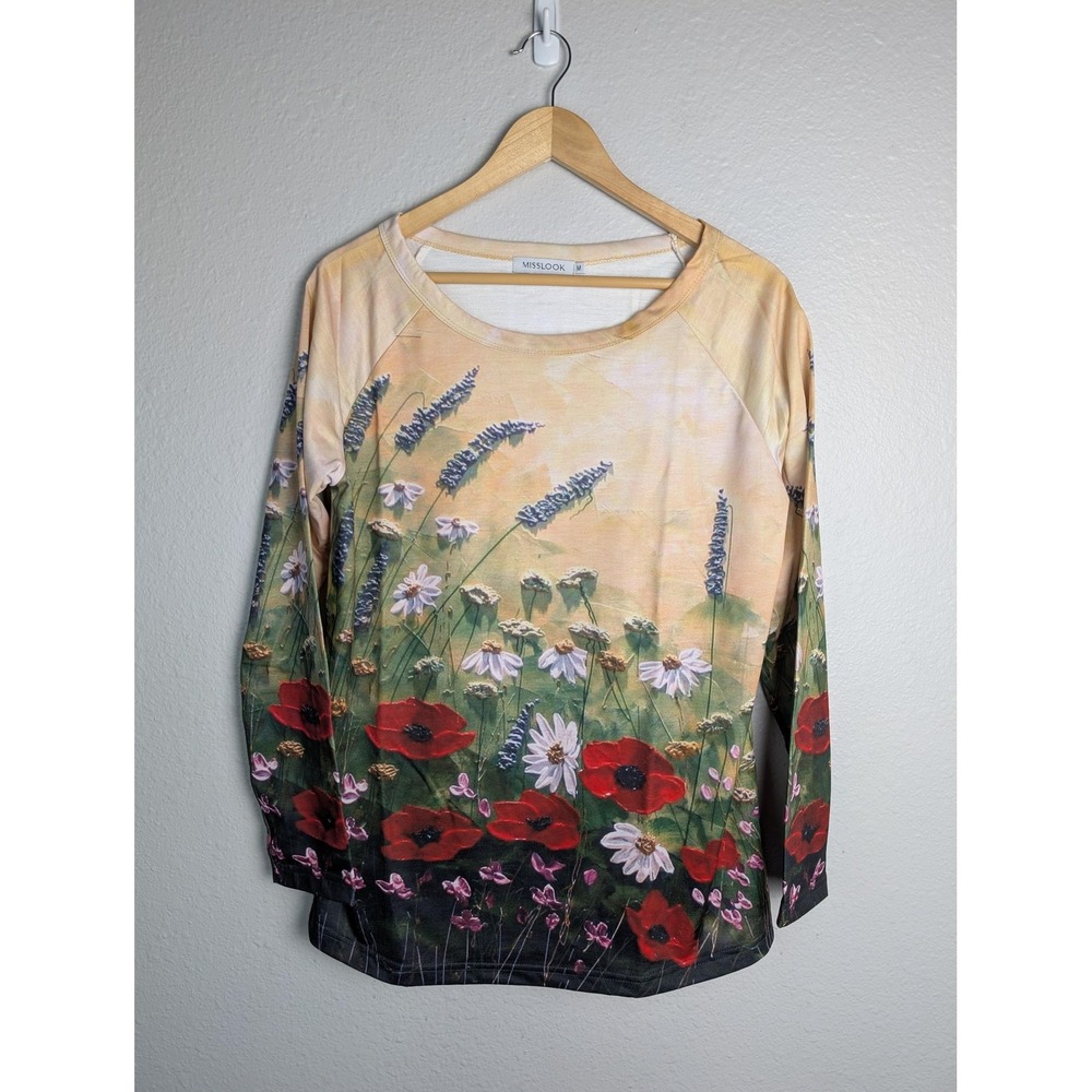 NWT MissLook Tunic Womens M Yellow Floral Raglan Sleeve Long Sleeve Jersey
